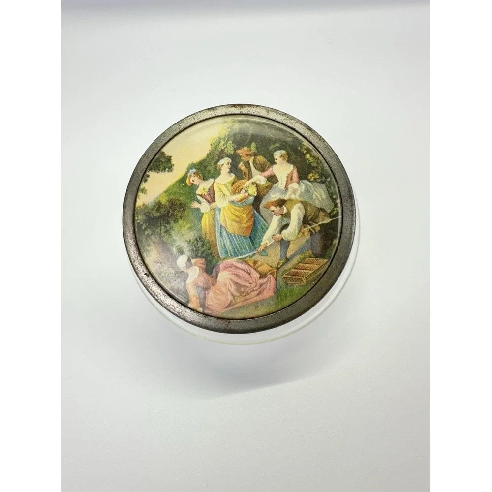 Vintage Glass Vanity Powder Jar Pastoral Courting Scene Metal Lid 3.5